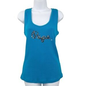 Pepe Jeans Women's Tank Top Size L Sequined Embellished Racerback Blue Ribbed